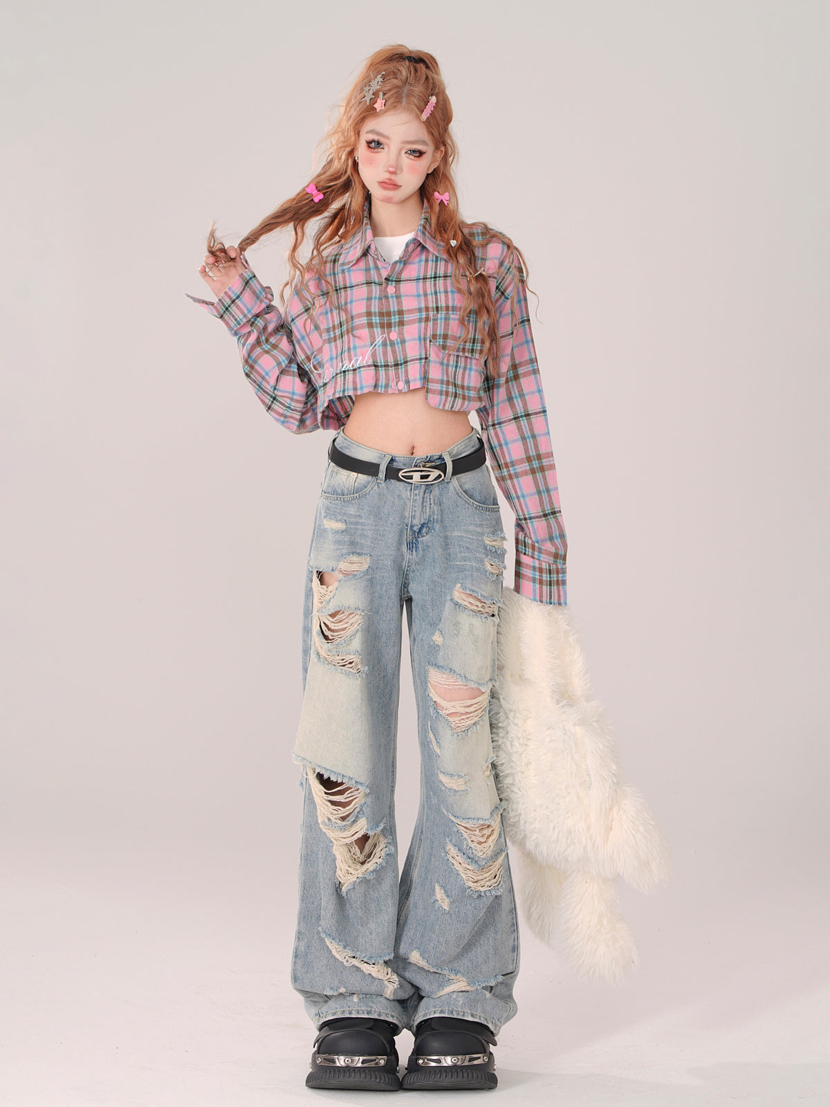 Poloshirt mit Karo-Kragen und langem, abnehmbarem, lockerem