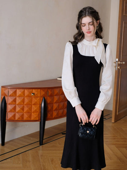 Ribbon Black Lace-Up Love Knit Half Song Fishtail Dress French Queen