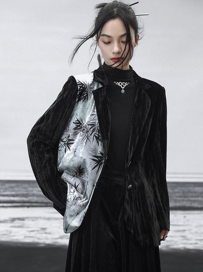 中国プリントジャケット コントラスト竹ベルベットカラースプライシング