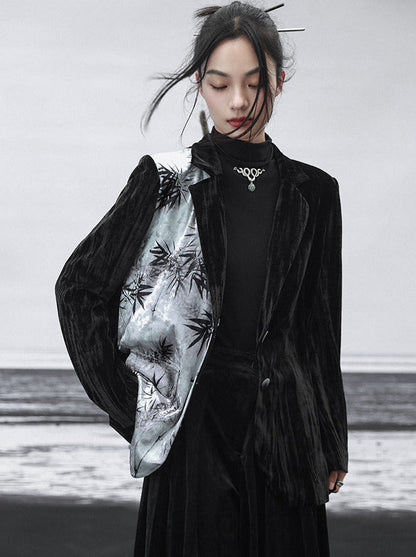 中国プリントジャケット コントラスト竹ベルベットカラースプライシング