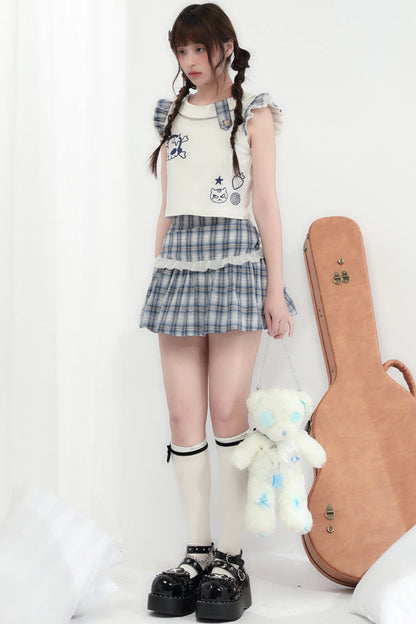 Karierter + ärmelloser Minirock Cat Top Skull