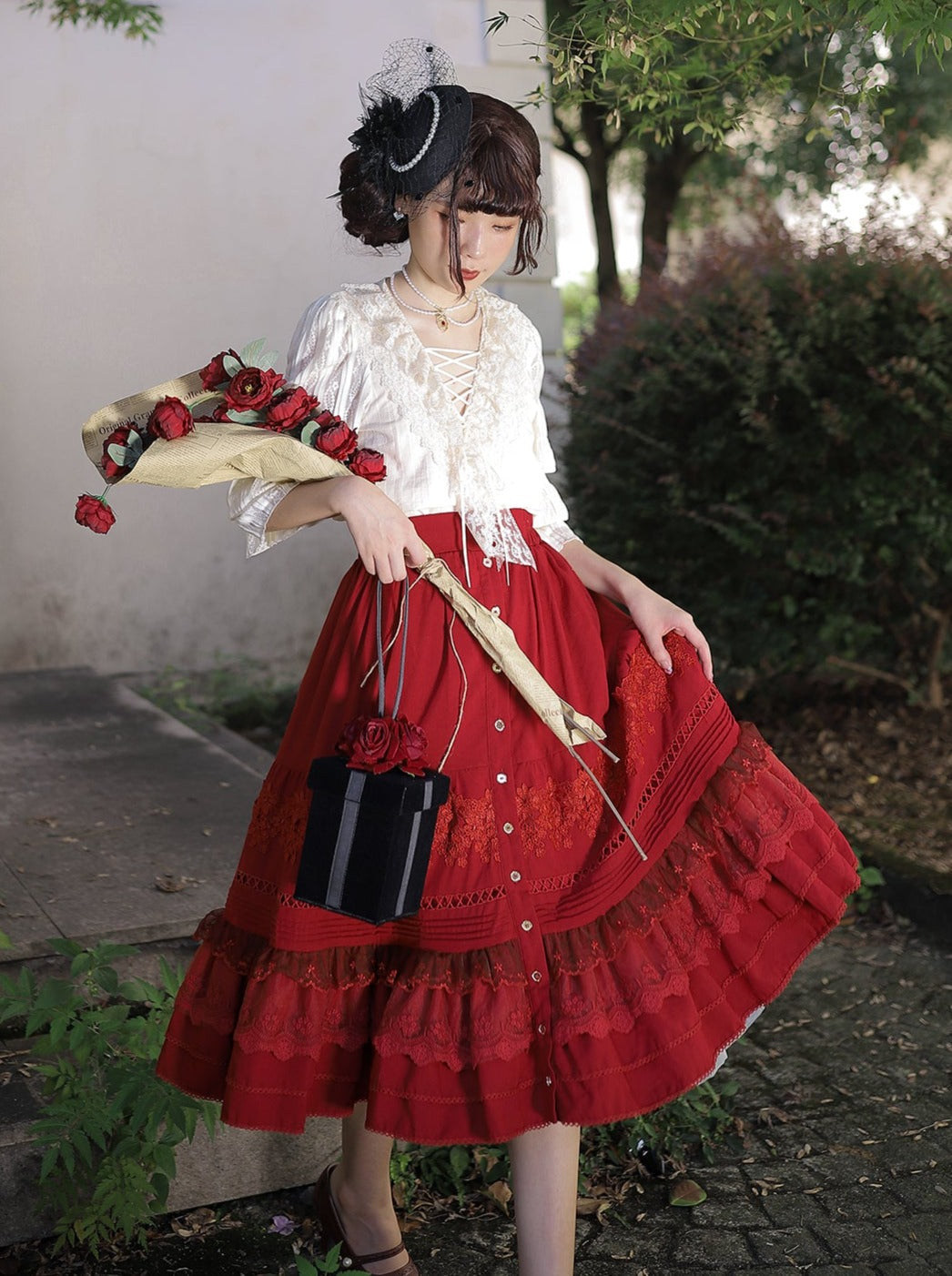 レース無地コットンカラーロリータシャツ