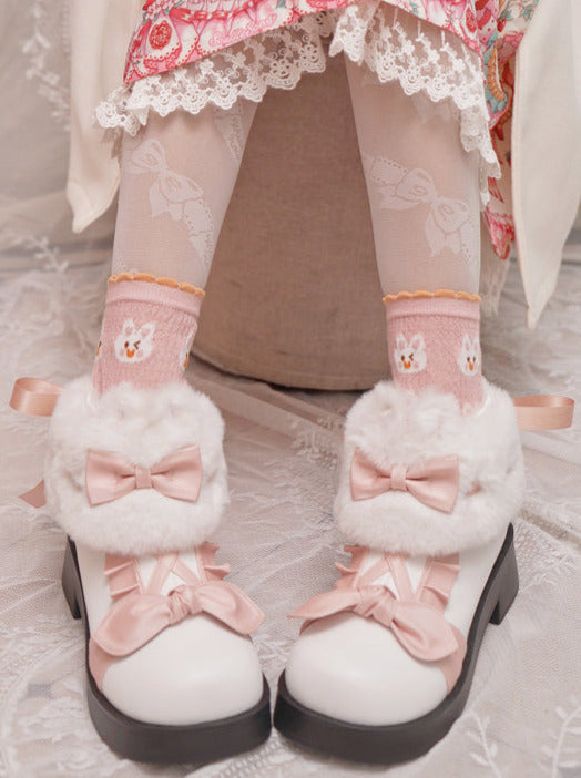 Boots Snow Mid Velvet Color Lolita Block Short Ribbon Heel Sweet