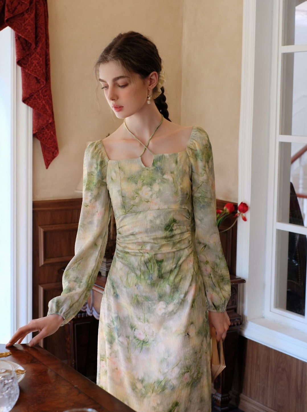 Elegant Neck Green Square Retro Dress