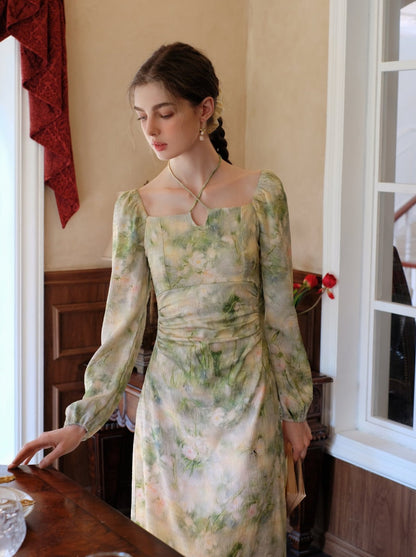 Elegant Neck Green Square Retro Dress