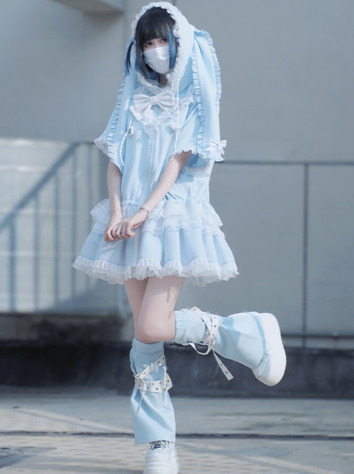 Bow Frilled Big Hooded Girly Long Bunny Dress Ears