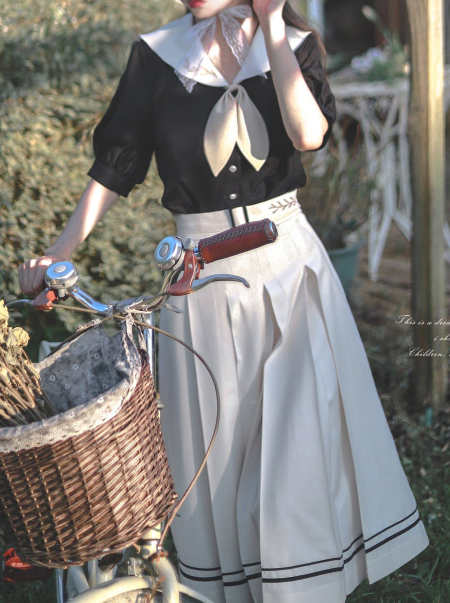 プリーツバニーエレガントネクタイ + レトロな耳パフフレンチスリーブボックスセーラーシャツ + スカートカラー