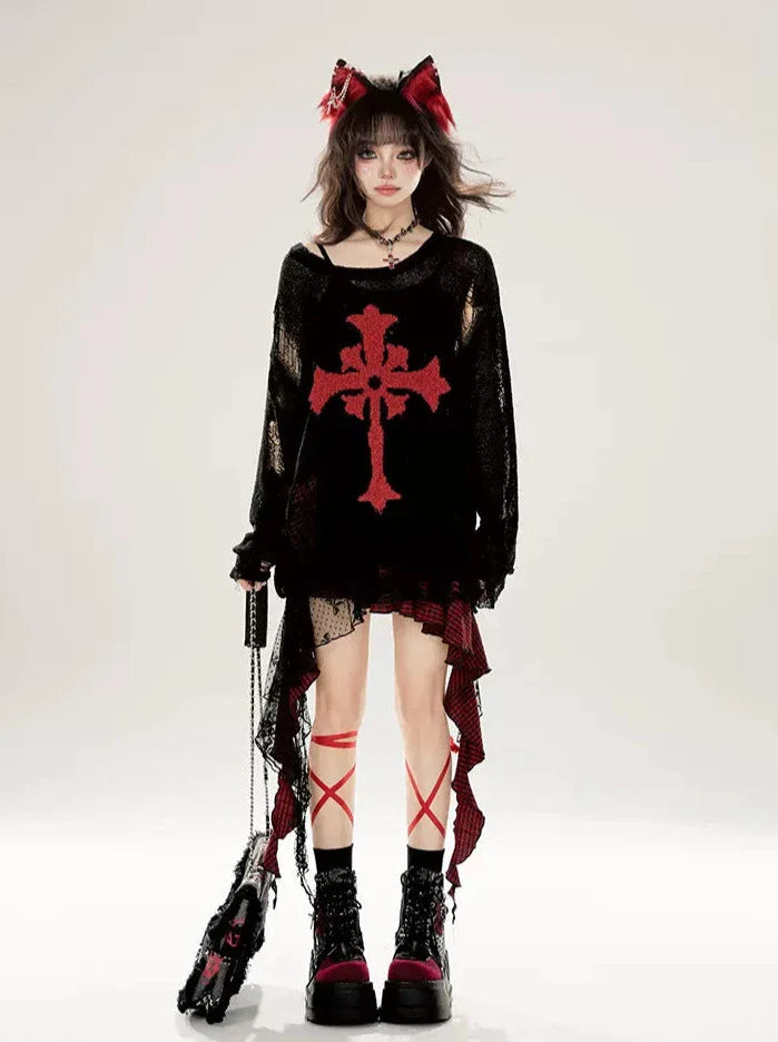 カットアウト リップド ルーズ サマーニット ダークプリント ブラック