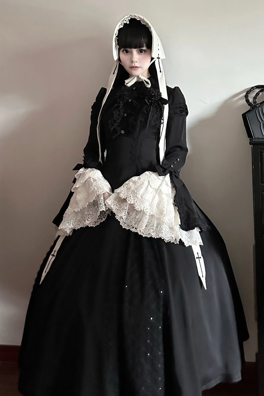 Gothic Black and White Widow Lace Princess Sleeve Faux Two-Piece Long Dress