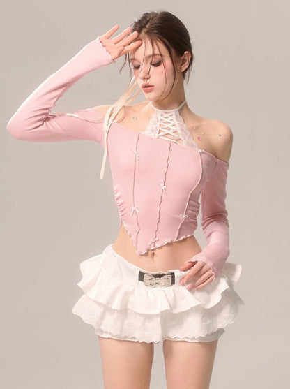 パールリボンスカート ホワイトフレンチパンツ レースフレア ホワイトアイ