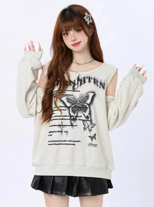 プリントバタフライオフショルダーレトロトレーナー