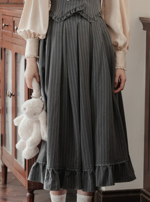 フリル+ブラウス ストライプカラー+スカート フレアレトロベスト ダーク