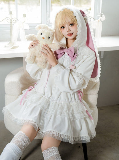 Bow Frilled Big Hooded Girly Long Bunny Dress Ears