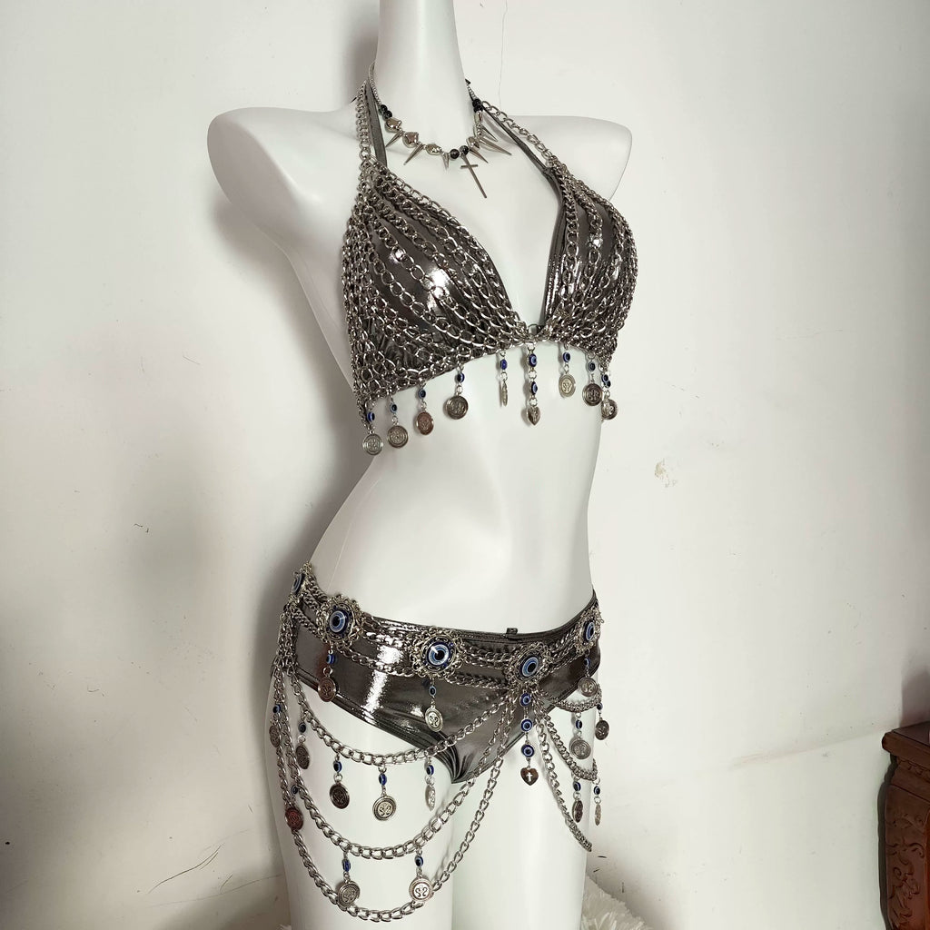 Punk Y2K Hottiepure Desire Silver Chain Bra Waist Set