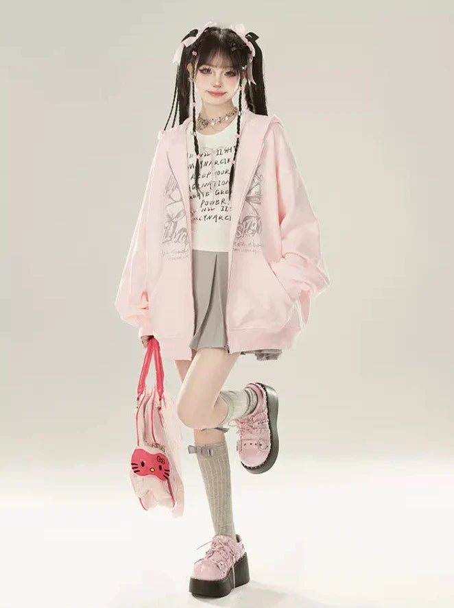 ジップガーリー+ルーズバタフライキャミソールパンツジャケットリボンスウェットシャツフード付きピンク