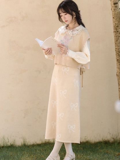 Vest Skirt Sweater + Yellow Jacquard Knit + Ribbon Knit