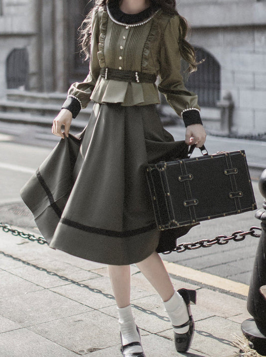 Taille Top Rock Note + Anzug Nebel Perle Band Rüsche Vintage Farbe Perle Gürtel Moos + Grün