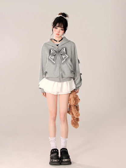 Zip-Up Hooded Loose Black Hoodie Ribbon