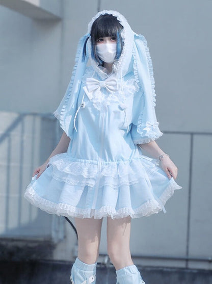 Bow Frilled Big Hooded Girly Long Bunny Dress Ears