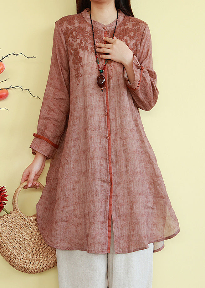 Orange Button Shirts Lose O-Ausschnitt Herbst Leinen