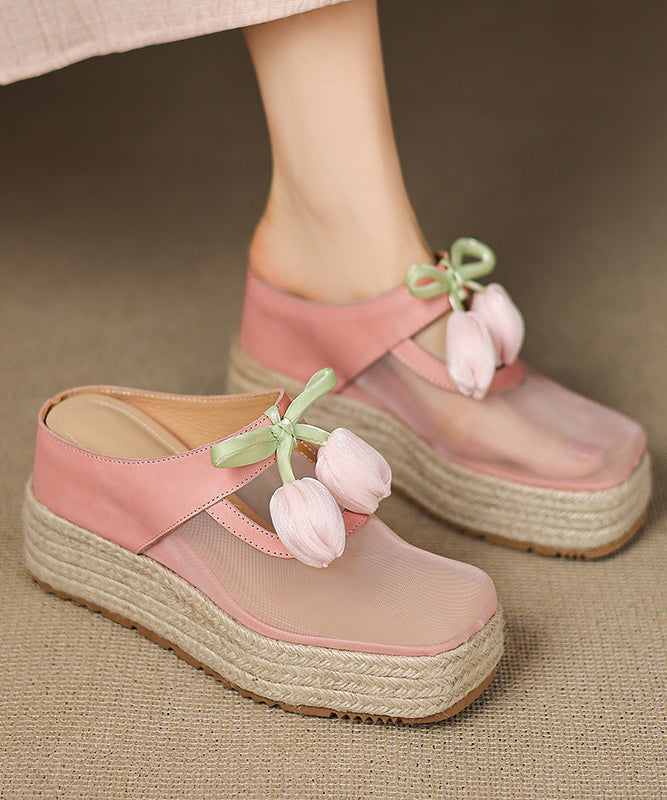 Tüll Spleißen Heels Leder Rosa Keil Sandalen Rindsleder Slide