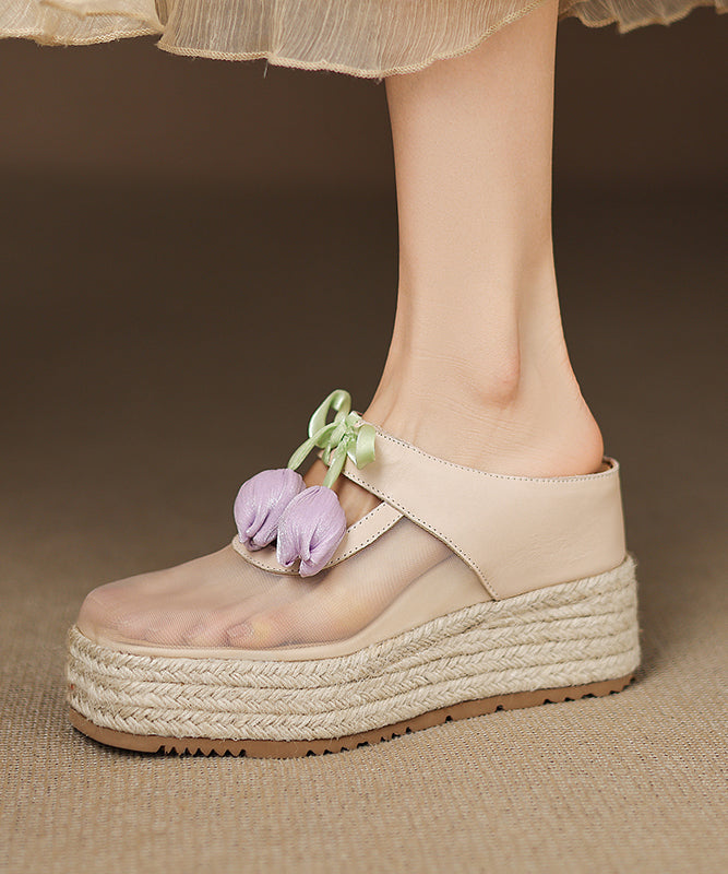 Tüll Spleißen Heels Leder Rosa Keil Sandalen Rindsleder Slide