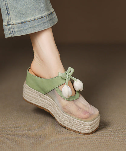 チュールスプライシングヒールレザーピンクウェッジサンダル牛革スライド