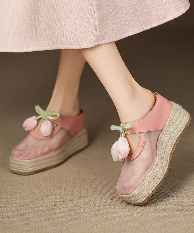 Tüll Spleißen Heels Leder Rosa Keil Sandalen Rindsleder Slide