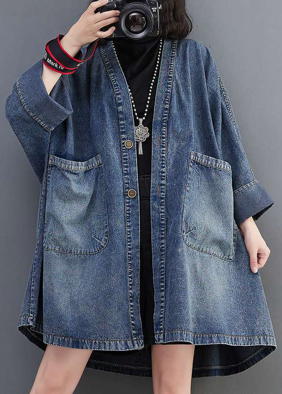Denim Hals Mäntel Plus Taschen V Größe Herbst Blau