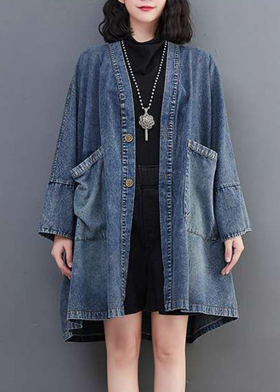 Denim Hals Mäntel Plus Taschen V Größe Herbst Blau