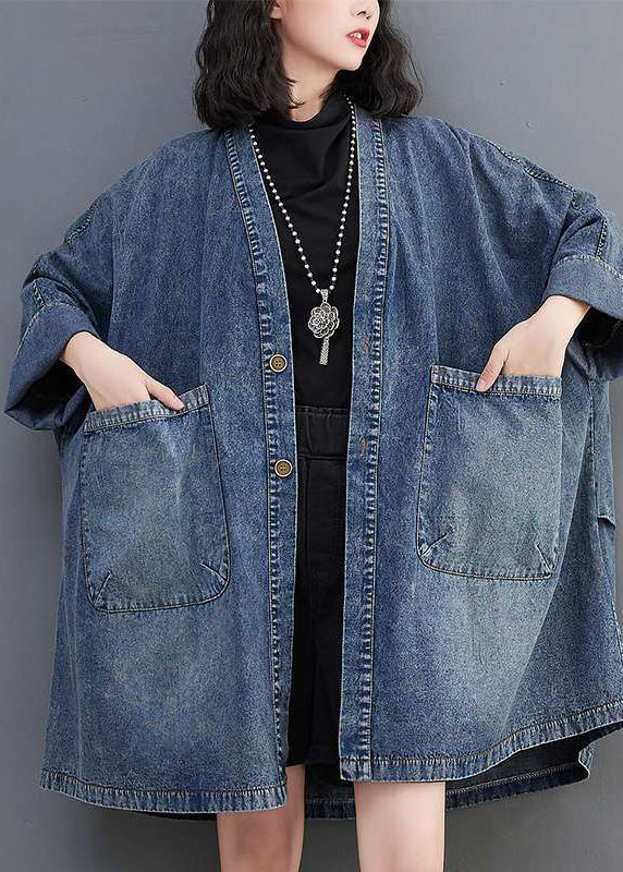Denim Hals Mäntel Plus Taschen V Größe Herbst Blau
