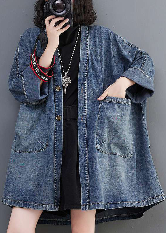 Denim Hals Mäntel Plus Taschen V Größe Herbst Blau
