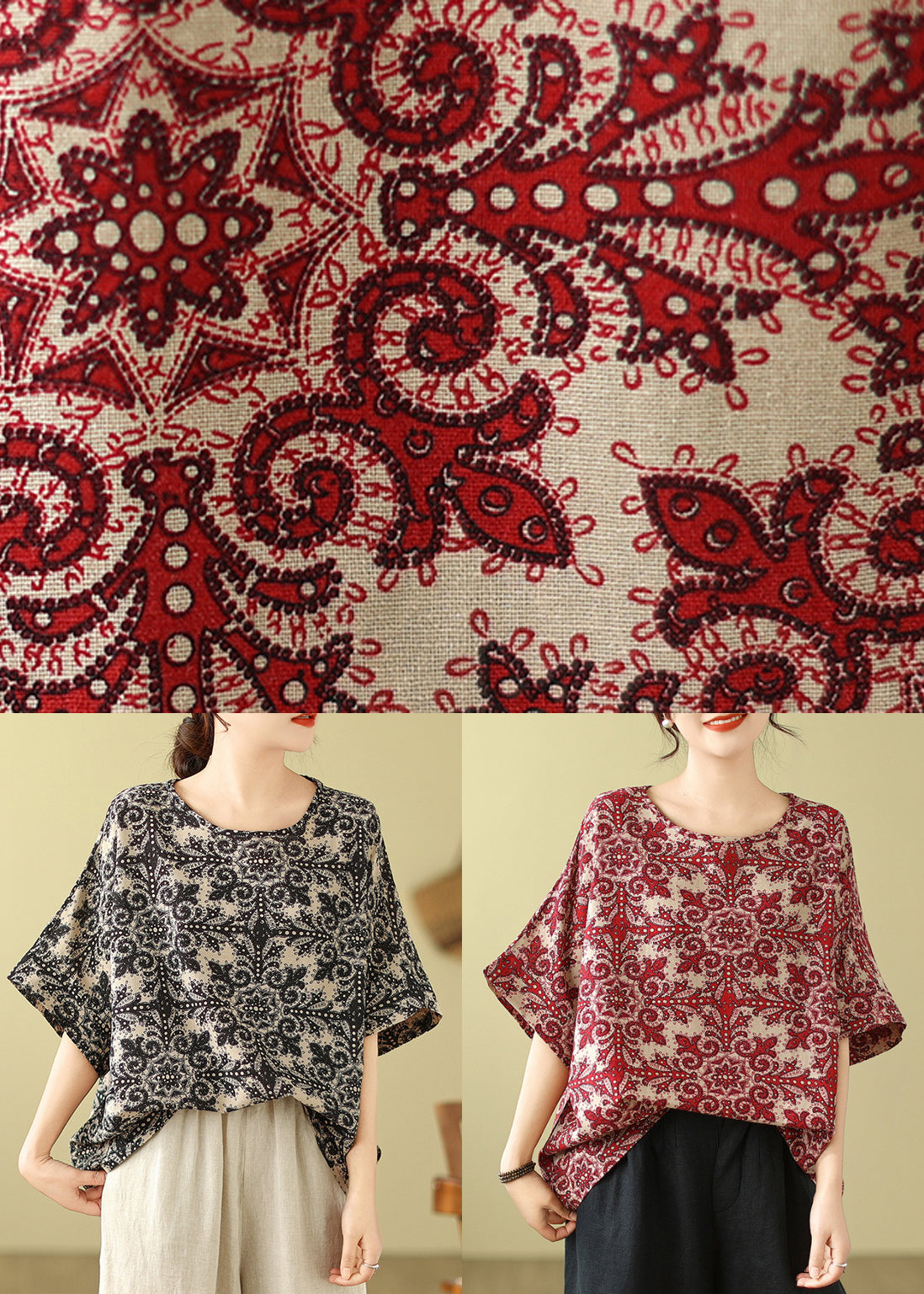 Top Short Red O-Neck Loose Sleeve