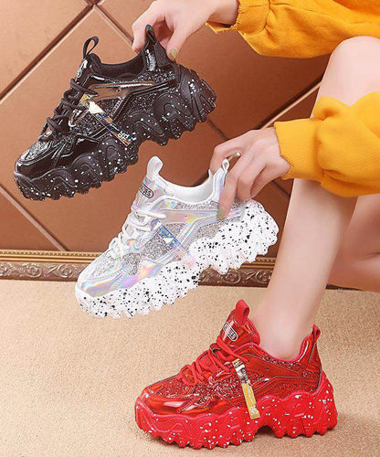 Up Red Splicing Leather Cowhide Shoes Lace Women Platform