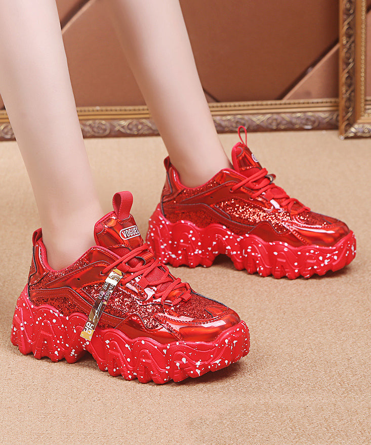 Up Red Splicing Leather Cowhide Shoes Lace Women Platform