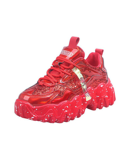 Up Red Splicing Leather Cowhide Shoes Lace Women Platform