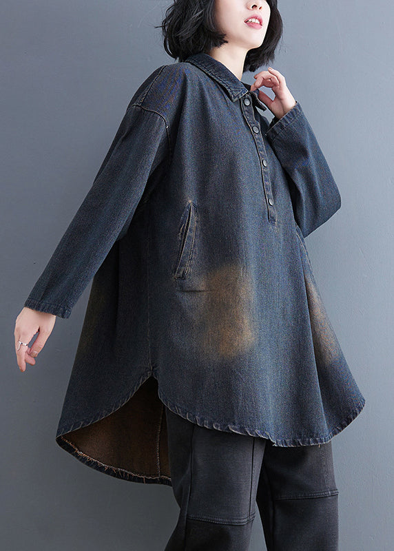 Blaues Retro-Fall-Patchwork-Kragenhemd Peter Pan Denim