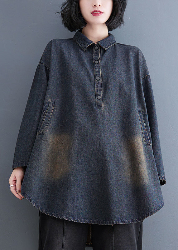 ブルーのレトロ秋パッチワークカラーシャツ ピーターパンデニム