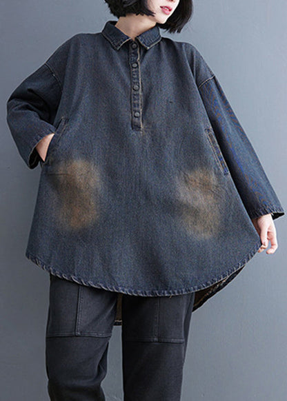 ブルーのレトロ秋パッチワークカラーシャツ ピーターパンデニム