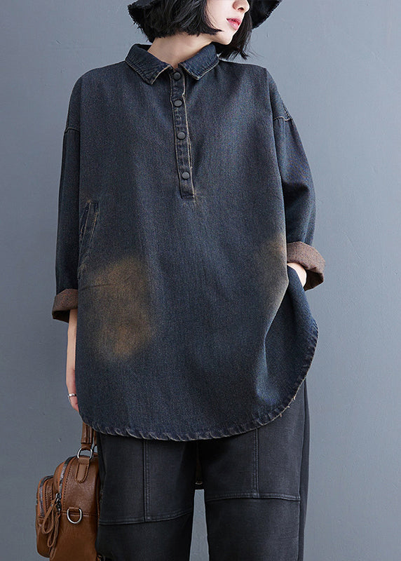 ブルーのレトロ秋パッチワークカラーシャツ ピーターパンデニム