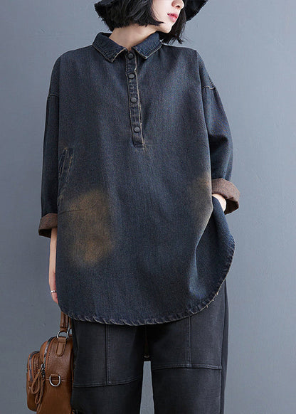 ブルーのレトロ秋パッチワークカラーシャツ ピーターパンデニム