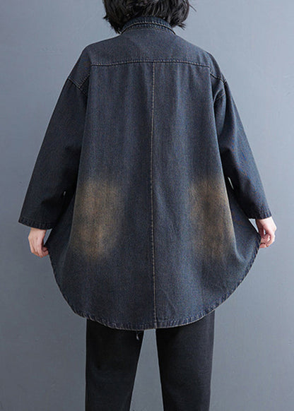 ブルーのレトロ秋パッチワークカラーシャツ ピーターパンデニム