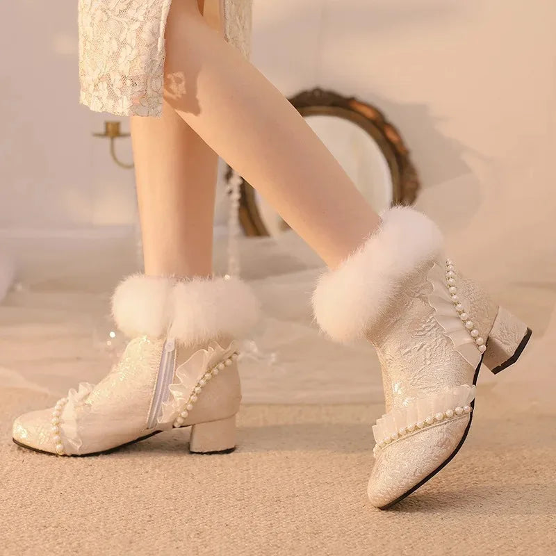 33-43 Elegant Cheongsam Beaded Rabbit Ankle Booties