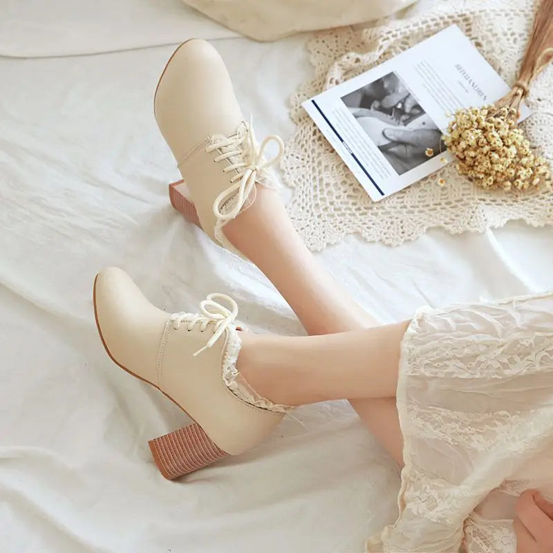 32-46 Sweet Round Toe Chunky Heel Lace-Up Soft Lolita Boots