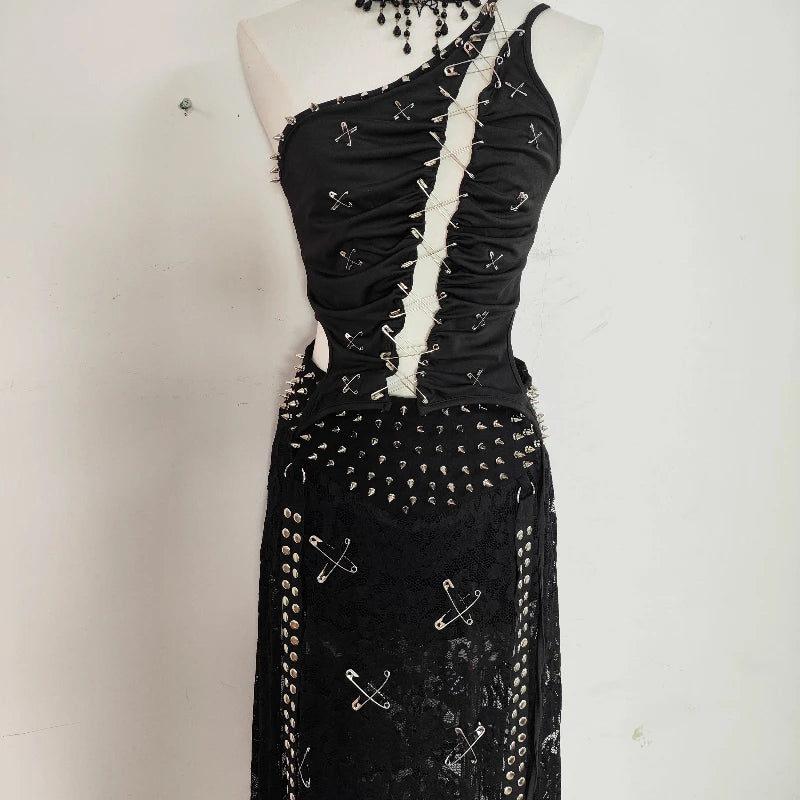 Gothic Dark Pin Stitching Backless Vest Hollow Out Rivet Skirt Set