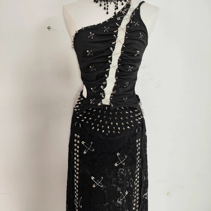 Gothic Dark Pin Stitching Backless Vest Hollow Out Rivet Skirt Set