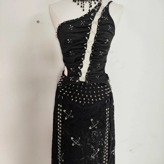 Gothic Dark Pin Stitching Backless Vest Hollow Out Rivet Skirt Set