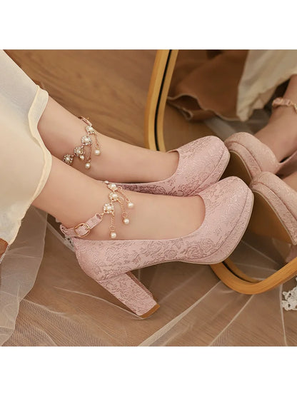 34-46 Elegant Cheongsam Round Toe Pearl One-piece High Heels
