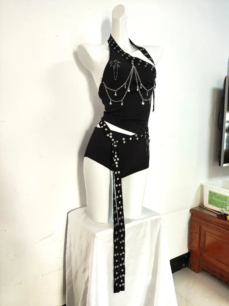 Gothic Punk Double-Sided Rivet Long Belt Outfit