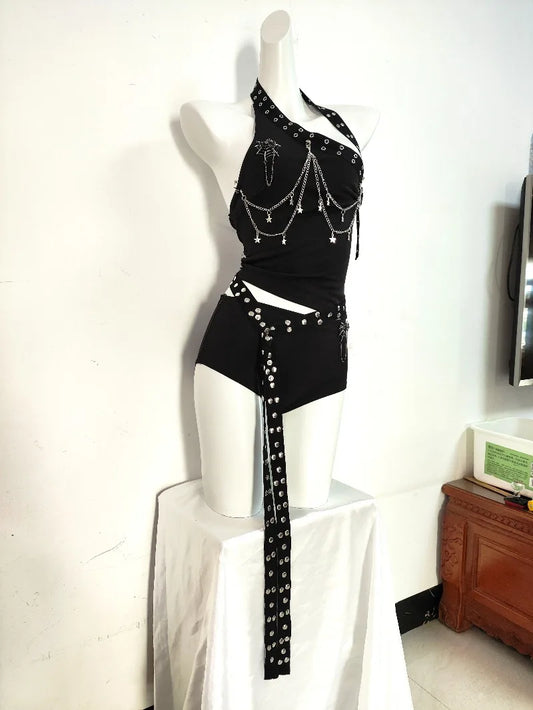 Gothic Punk Double-Sided Rivet Long Belt Outfit